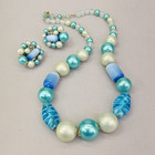Vtg Beaded Necklace Clip Earrings Set Blue Glass Acrylic Faux Pearls Japan 20 