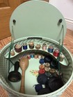 Set   Harvey Wicker Sewing Basket W  Floral Lid Light Green- Vintage Wood Spools