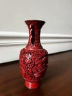 Vintage Chinese Cinnabar Red Carved Vase Detailed Landscape 