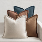 Set Of 4 Neutral Linen Fringe Pillow Covers  18x18 Inch - Boho Farmhouse Style 