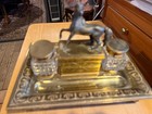Antique Vintage Ornate Brass Filigree Double Inkwell W horse Statue Cover Trinke