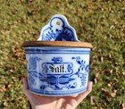 Antique Vintage German Salt Cellar Box Hinged Wood Lid Germany Cobalt Blue White