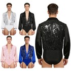 Men Dance Costume Ballroom Shirt Sequins Leotard V-neck Long Sleeve Bodysuit