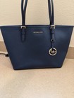 Michael Kors Jet Set Medium Carryall Saffiano Navy Blue Leather Tote Bag