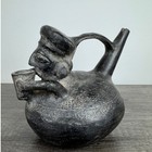 Antique Pre-columbian Chimu Blackware Pottery Figural Stirrup Spout Vessel Man