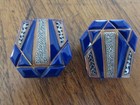 Vintage Art Deco Matching Pair Of Cobalt Blue   Copper Incised Geometric Pin