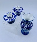 Vintage Cobalt White Candlesticks Pair Porcelain Bud Vase Small Floral Thailand
