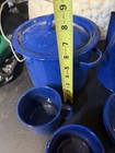 Blue Enamelware Metal Rims 8 Pc Camping Dish Set Cups Bowls Kettle Pot
