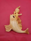 Vintage Rare Arnels Chalkware Mermaid Set Pair Riding On Fish Beige Decor 1950s