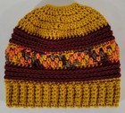 Messy Bun Ponytail Beanie Women s Medium Crochet Striped Goldenrod Burgundy