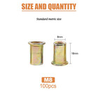 100 Pcs M8 Metric Zinc Plated Carbon Steel Rivet Nut Flat Head Threaded Insert