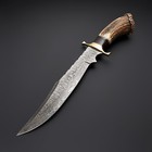 Handmade Damascus Steel Bowie Knife With Stag Antler Handle   Leather Sheath
