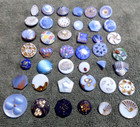 36 Vintage Antique Glass Buttons Colorful Blue W gold Trim Fancy Designs Shapes