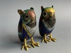 Beautiful Pair Of Vintage Chinese Cloisonne Vibrant Enamel Owl Figurines