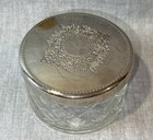 Vintage Silver-plated Mirrored Lid-crystal Glass Powder Puff Jar Makeup Vanity