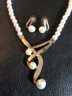 Gold Tone Rhinestone Faux Pearl Necklace Earrings Set Wedding Bridal Formal 8207