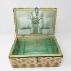 Wicker Woven Sewing Basket Japan Green Satin Lined Box W Tray Insert Vintage