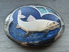 Johnson And Held Fish Belt Buckle   Salmon Inlay Silver Tone Blue