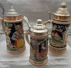 Vintage German -decorated Lidded Beer Steins     Set Of 3 W  Pewter Lids