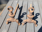 Antique Primitive Cast Iron Fireplace Andirons Keyhole Shell Designs 1820s