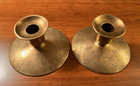 Vintage Pair Of Heavy Etched Chinese Brass Candle Holders
