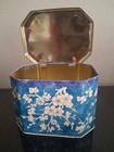 Vintage Daher England Blue Floral Hinged Tin Tea Caddy Cherry Blossom Container