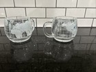 Vintage 2 Nestle Etched Clear Glass World Globe Map Coffee Cups Mugs Free Ship