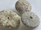 3 Vintage Fancy White Milk Glass Buttons Gold Silver Self Shank