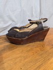 Vintage Platform Wedge Wood Heel Sandals Shoes Brown Leather Size 9