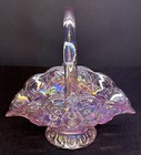 Vintage L e  Smith Moon   Stars Iridescent Pink Glass Basket With Handle 9   