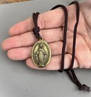 Bronze Italy Miraculous Medal 1 25  Virgin Mary Pendant 28  Brown Cord Necklace