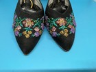 1960   s Vtg Black Linen  tweedies  Pumps Stilettos Heels Metallic Embroidery 6 5