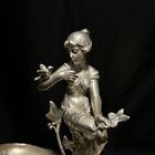 Antique Art Nouveau French Pewter Maiden And Bird Epergne  1920s Statue Figure 