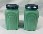New Jadeite Green Glass Arch Salt   Pepper Set 3 3 4    Cow Pig Chicken Stacked