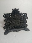 Vtg Antique Black Cast Iron Napkin Letter Holder Angel Cherub Ornate Iron Art