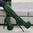 Women Knee High Boots Platform High Heels Side Zip Up Shiny Shoes Large Size