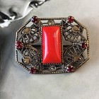Antique Art Deco Czech Red Glass Brass Filigree Brooch     1 25        C Clasp - 1920s