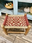 Vintage Primitive Wooden Foot Stool Woven Red   Brown Rope Top 11  Tall
