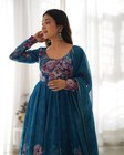 Women Teal Blue Floral Anarkali Gown Party Wear Long Dress Dupatta Set For Women