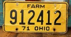 Vintage Old 1971 Ohio Farm License Plate 912412 Gold   Black  Man Cave Decor