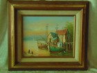 Vintage Framed Original Oil Painting Signed W sherman Seascape Boats In Harbor