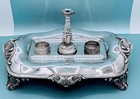 Victorian Early English Renaissance Silver Plate Crystal Double Ink Well