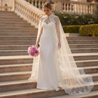 White Ivory Sheer Tulle Bridal Cape Veil With Floral Beaded Lace Trim Wedding