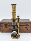 Antique 19th C  Small French Victorian Brass Scientific Travel Microscope W case