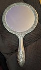 Vintage Floral Embossed Nouveau Vanity Hand Mirror Silver Plate Round Heavy
