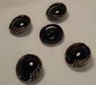 2 Vintage Czech Glass Petite Shank Button Jet Black Gold Rolled Edge Design 3 4 