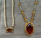 Antique Lot Of 2 Czech Orange Glass Necklaces With Faux Pearls 