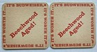 Vintage Budweiser Beer Coasters Beechwood Aged Lot Of 2 Nos 3 3 8  Sq Pb175