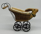 Antique Vintage Doll Stroller Pram Rabbitt Bunny Head Wicker Basket Iron Wheels