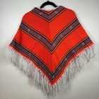 Vintage Poncho Mexican Orange Serape Cape Aztec Chevron Striped Fringe Small 